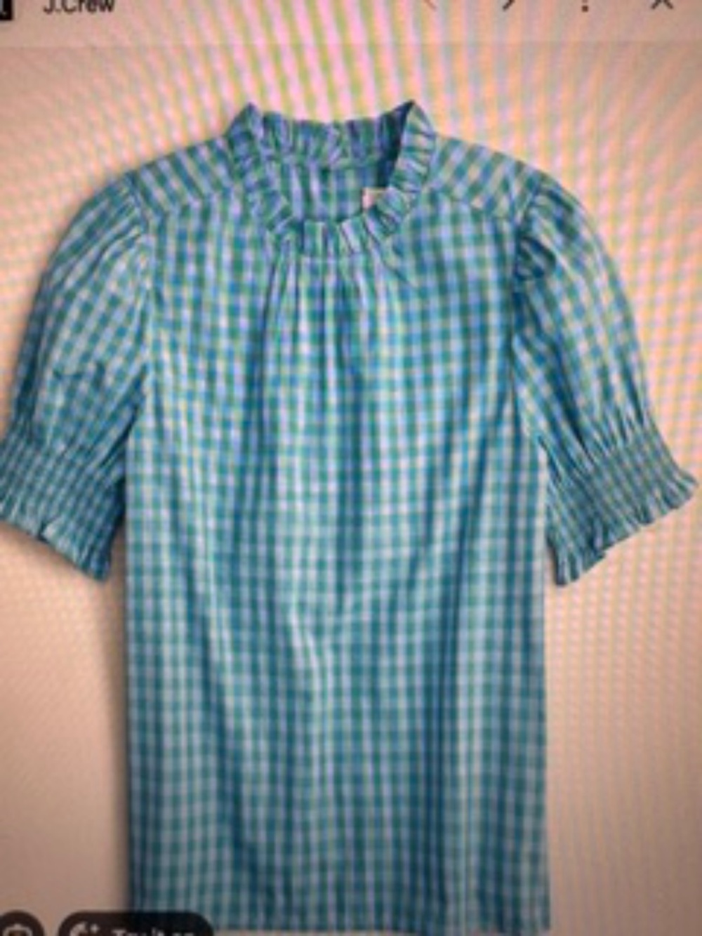 EUC- J. Crew Smocked cotton poplin periwinkle/teal puff-sleeve top in gingham, L